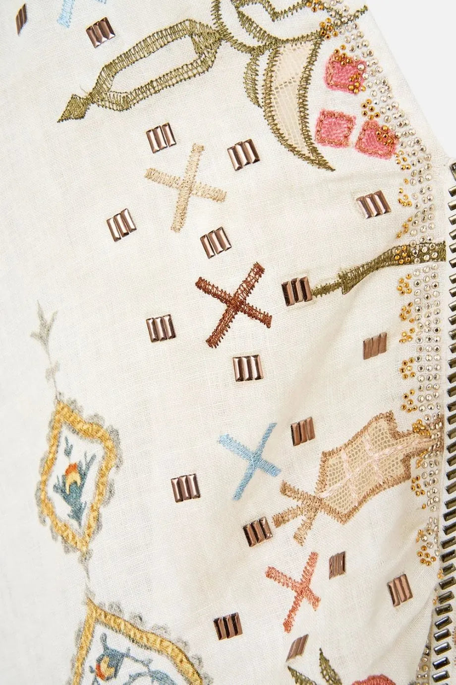 Ottoman Dynasty Floral Linen Kaftan With Front Tab Detail in Beige