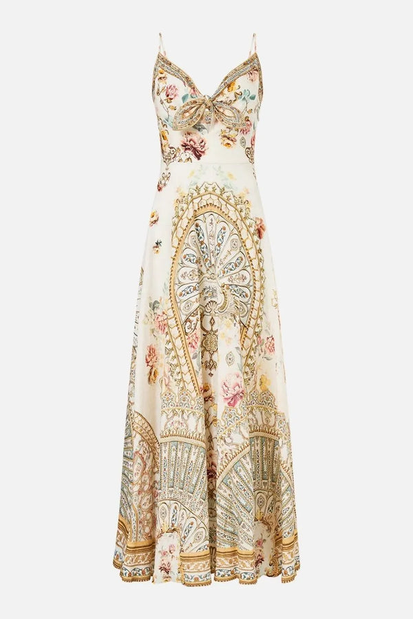 Ottoman Dynasty Floral Linen Maxi Dress With Tie Front in Beige