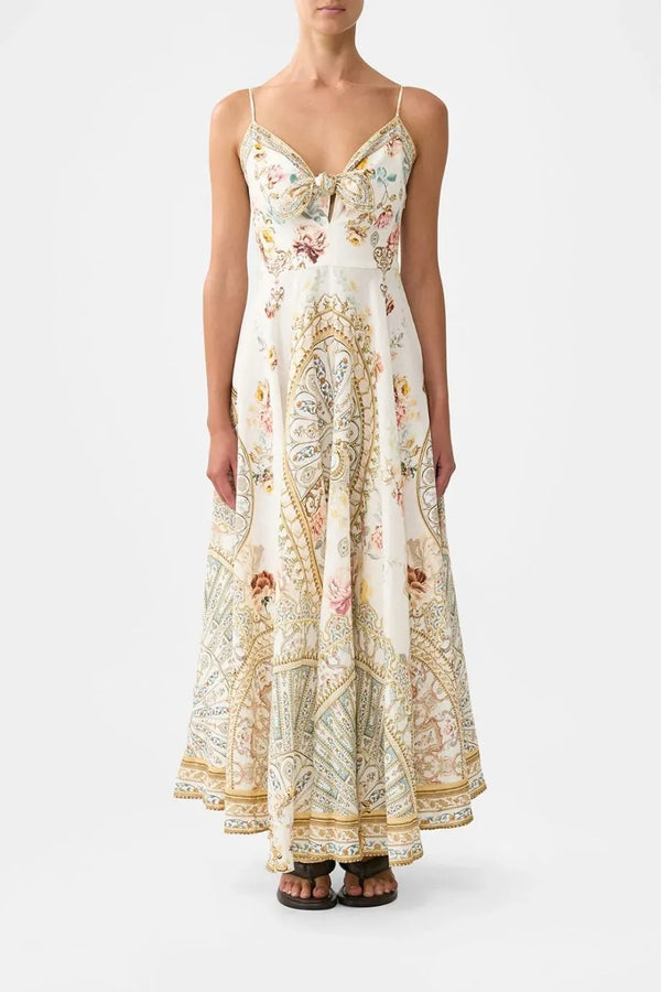 Ottoman Dynasty Floral Linen Maxi Dress With Tie Front in Beige