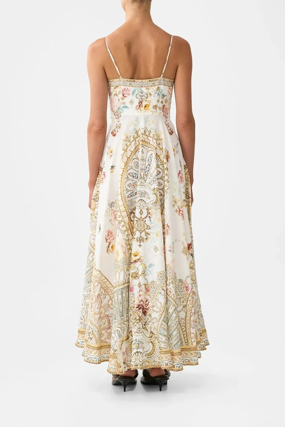 Ottoman Dynasty Floral Linen Maxi Dress With Tie Front in Beige