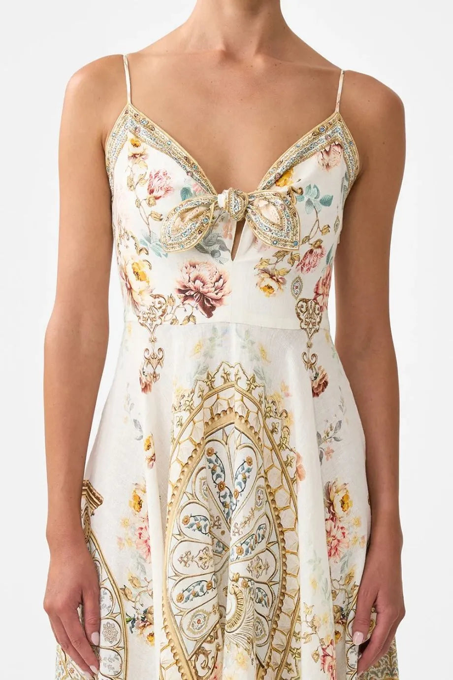 Ottoman Dynasty Floral Linen Maxi Dress With Tie Front in Beige