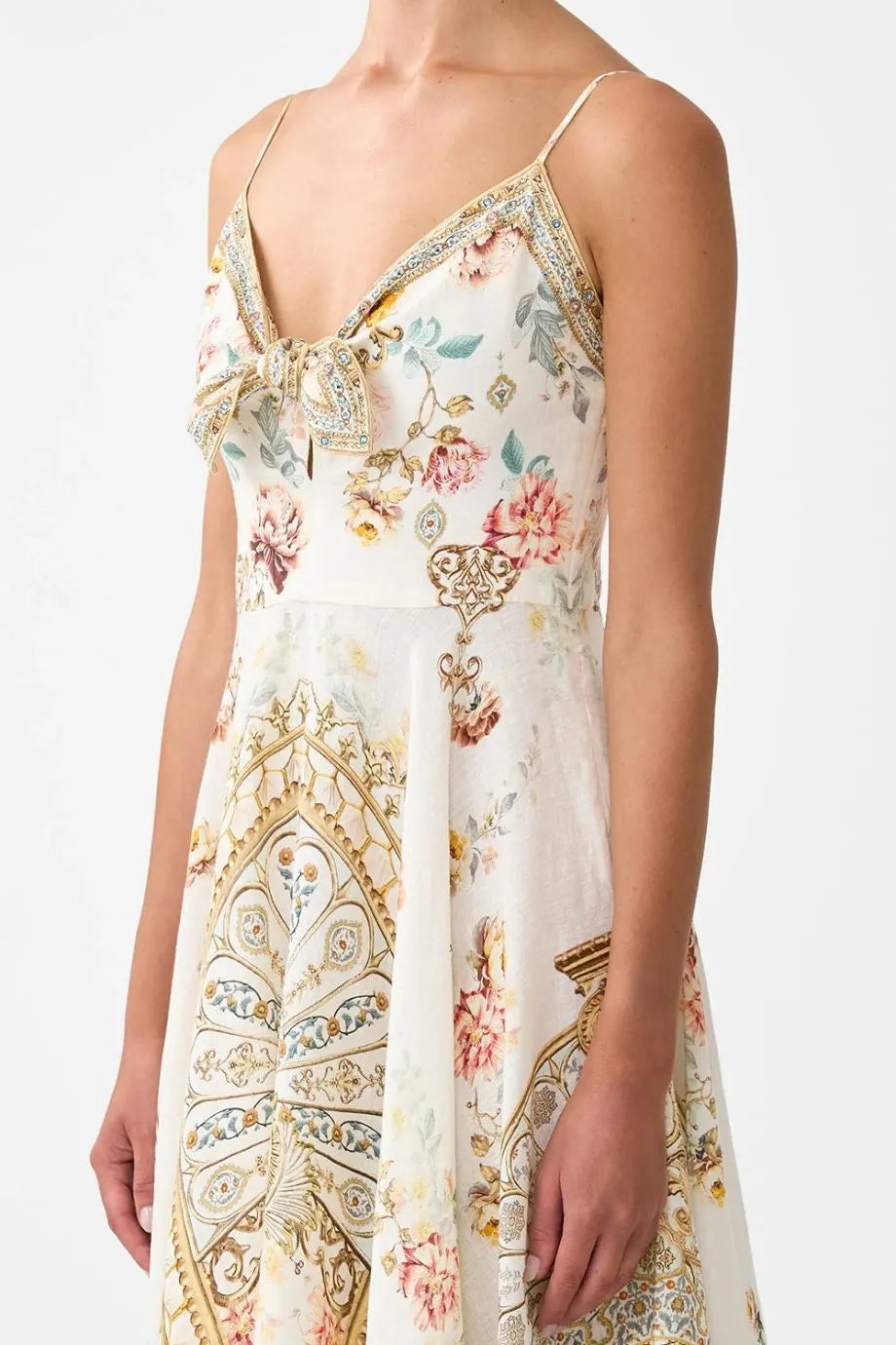 Ottoman Dynasty Floral Linen Maxi Dress With Tie Front in Beige