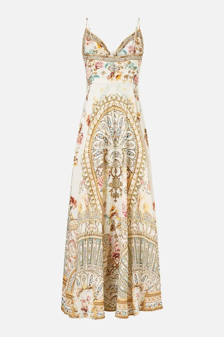 Ottoman Dynasty Floral Linen Maxi Dress With Tie Front in Beige