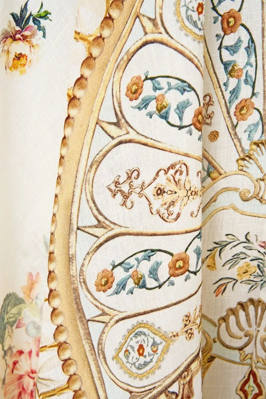 Ottoman Dynasty Floral Linen Maxi Dress With Tie Front in Beige