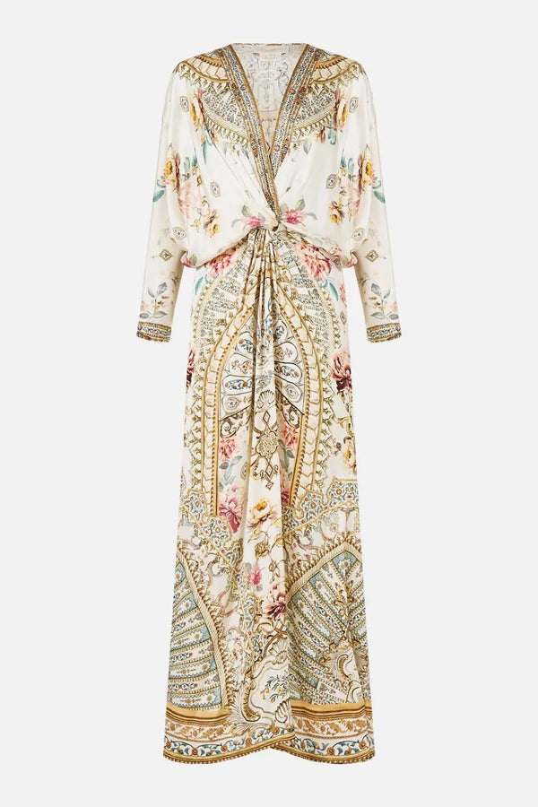 Ottoman Dynasty Floral Twist Front Batwing Silk Maxi Dress in Beige