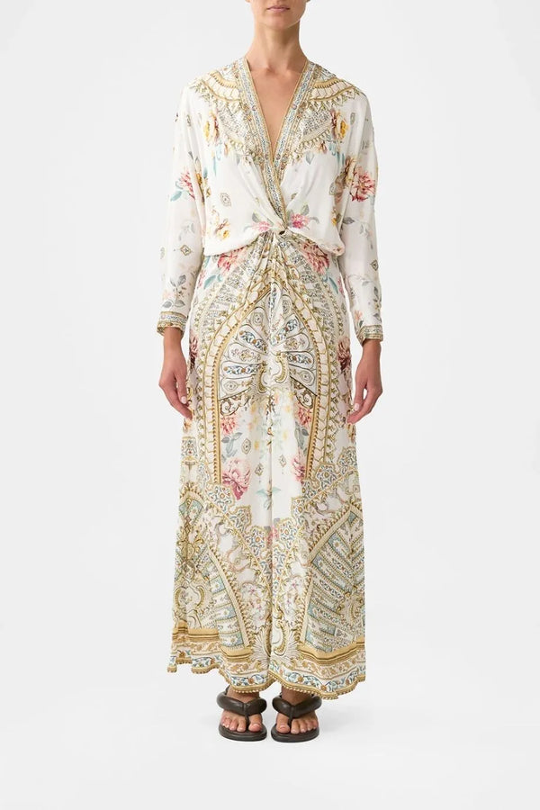 Ottoman Dynasty Floral Twist Front Batwing Silk Maxi Dress in Beige