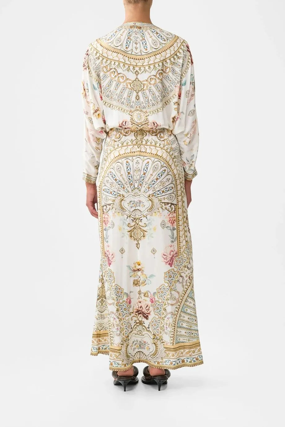 Ottoman Dynasty Floral Twist Front Batwing Silk Maxi Dress in Beige