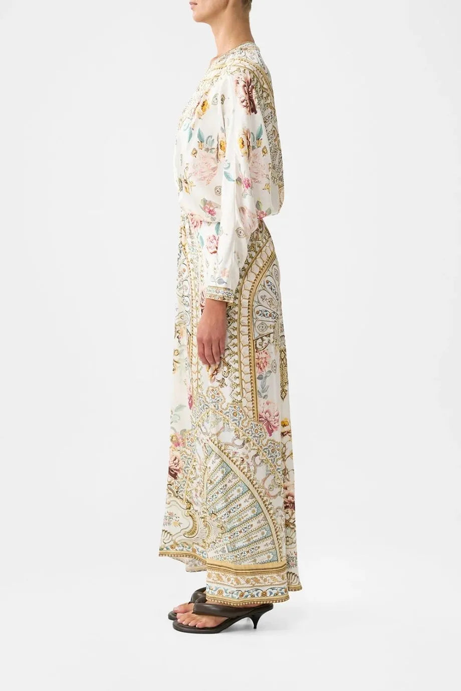 Ottoman Dynasty Floral Twist Front Batwing Silk Maxi Dress in Beige