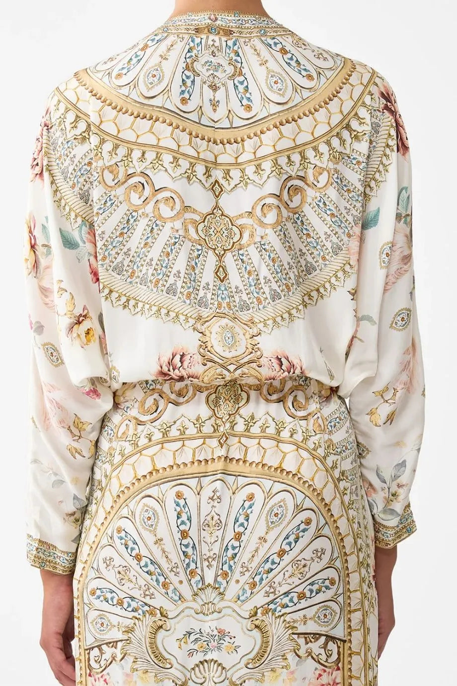 Ottoman Dynasty Floral Twist Front Batwing Silk Maxi Dress in Beige
