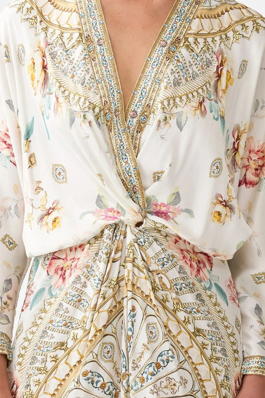 Ottoman Dynasty Floral Twist Front Batwing Silk Maxi Dress in Beige