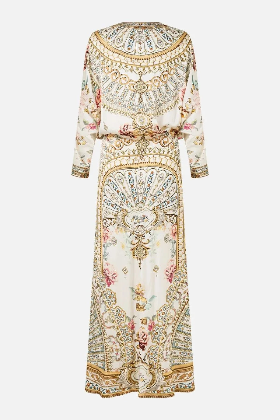 Ottoman Dynasty Floral Twist Front Batwing Silk Maxi Dress in Beige