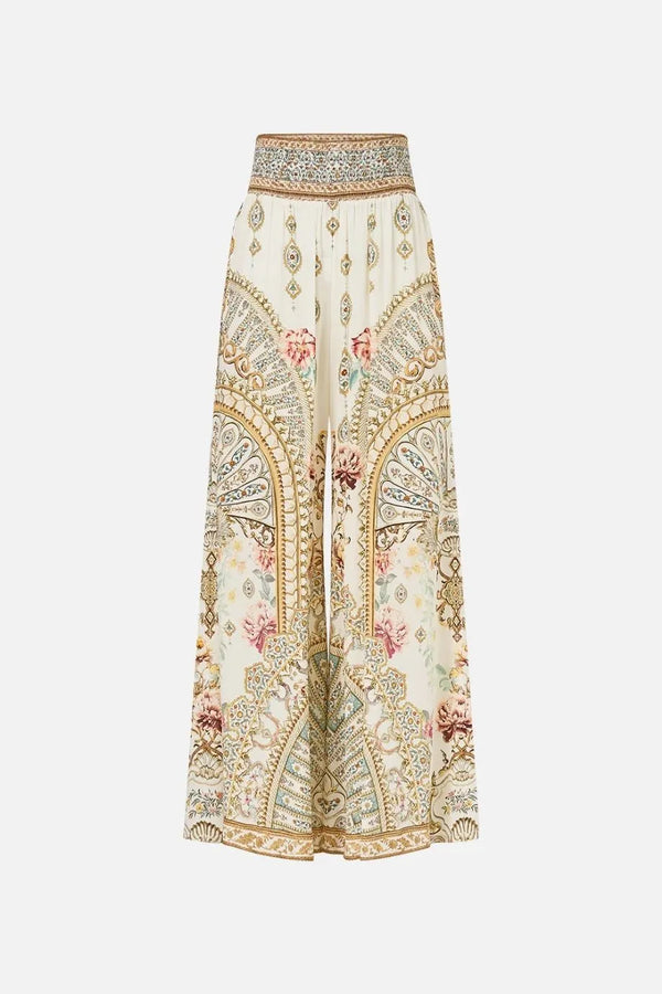 Ottoman Dynasty Floral Shirred Waist Wide Legged Silk Pants in Beige