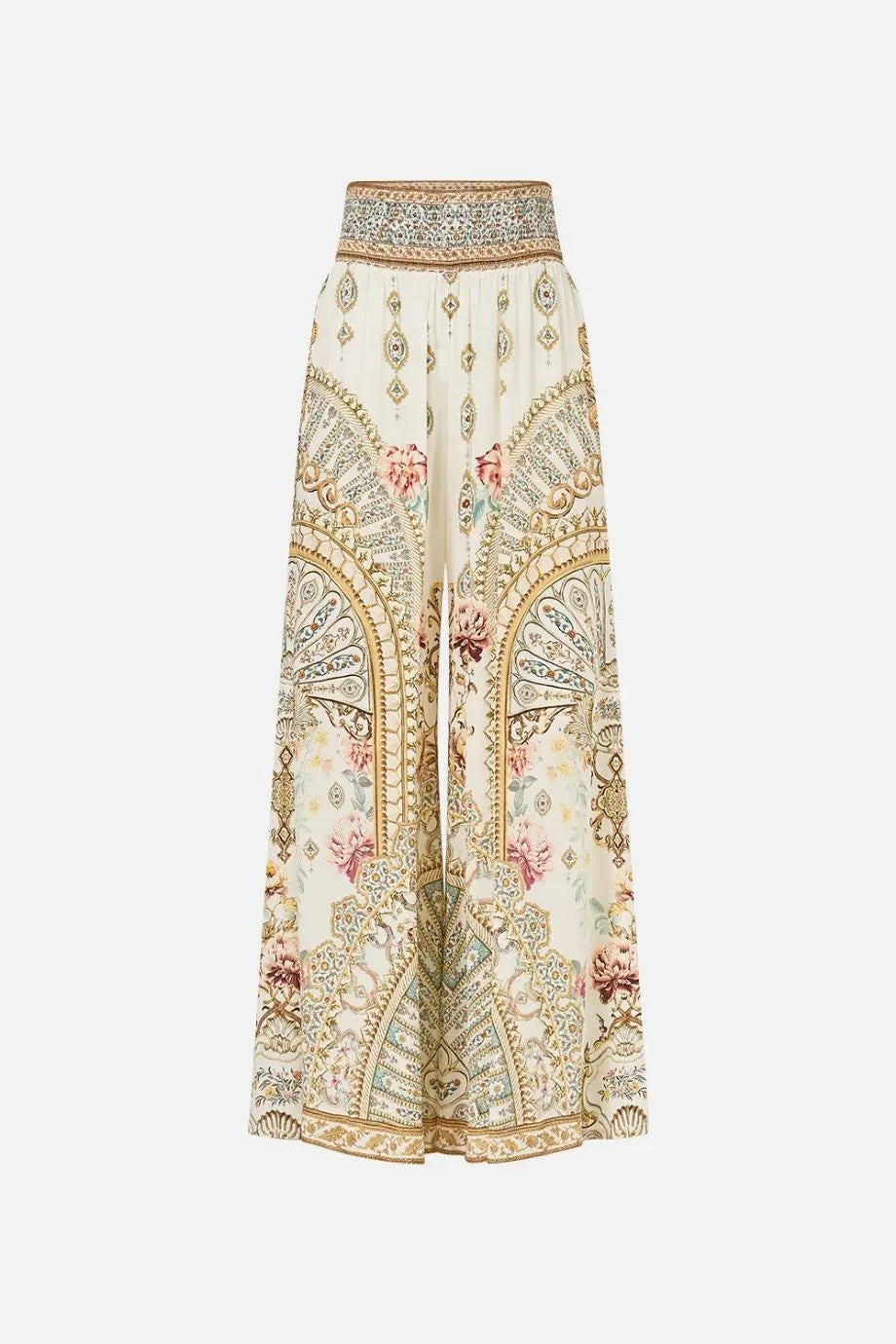 Ottoman Dynasty Floral Shirred Waist Wide Legged Silk Pants in Beige