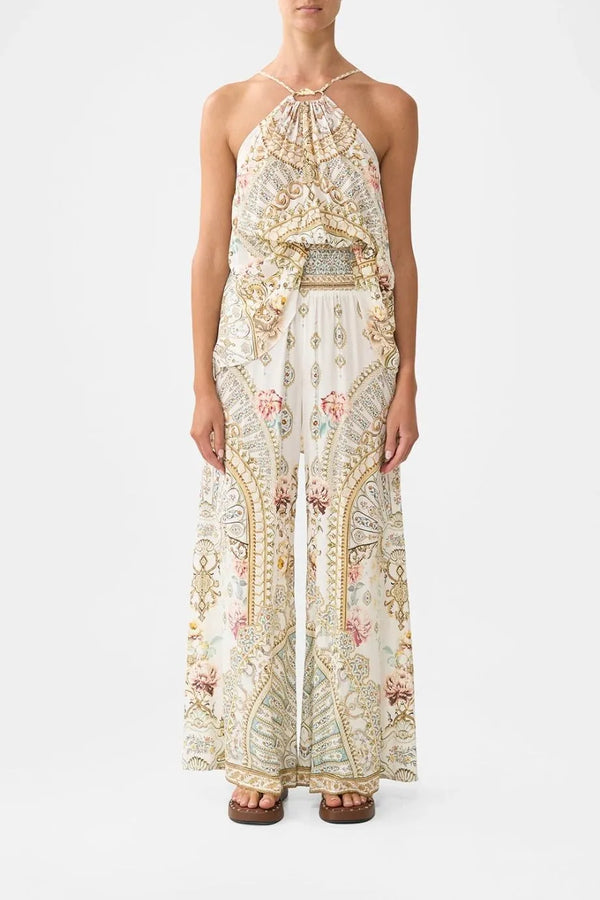 Ottoman Dynasty Floral Shirred Waist Wide Legged Silk Pants in Beige