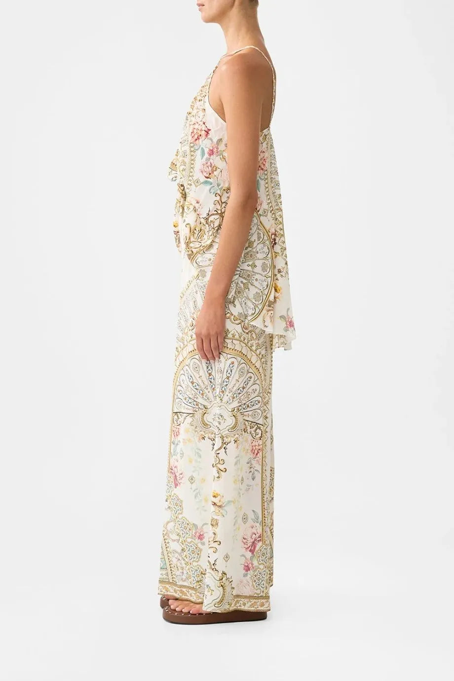 Ottoman Dynasty Floral Shirred Waist Wide Legged Silk Pants in Beige