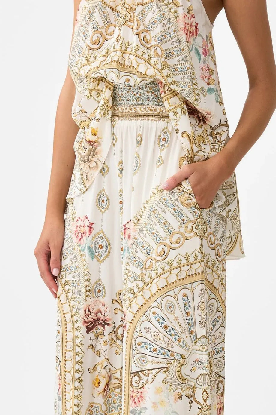 Ottoman Dynasty Floral Shirred Waist Wide Legged Silk Pants in Beige