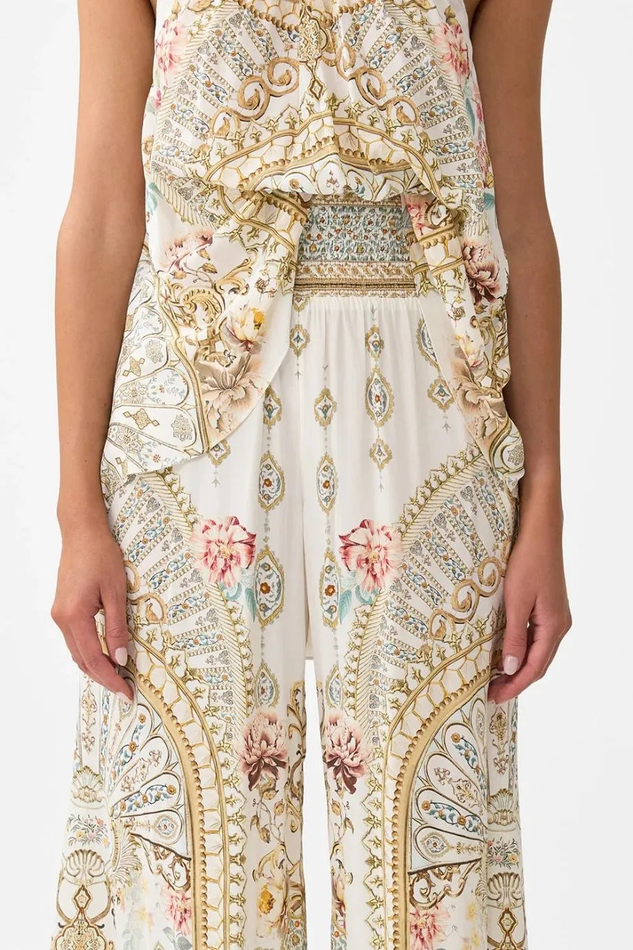 Ottoman Dynasty Floral Shirred Waist Wide Legged Silk Pants in Beige