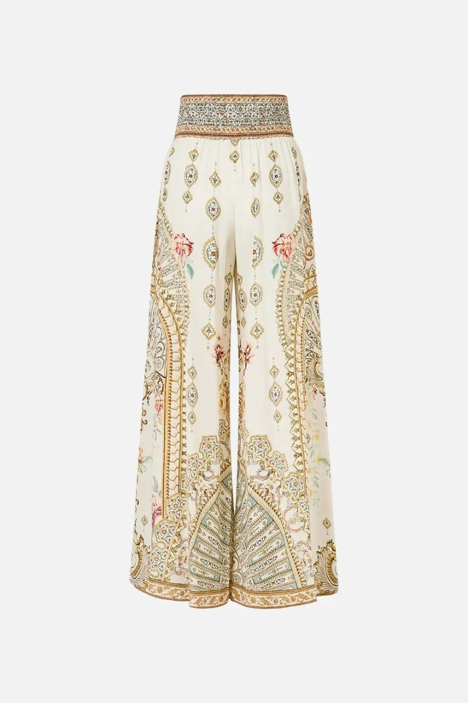 Ottoman Dynasty Floral Shirred Waist Wide Legged Silk Pants in Beige