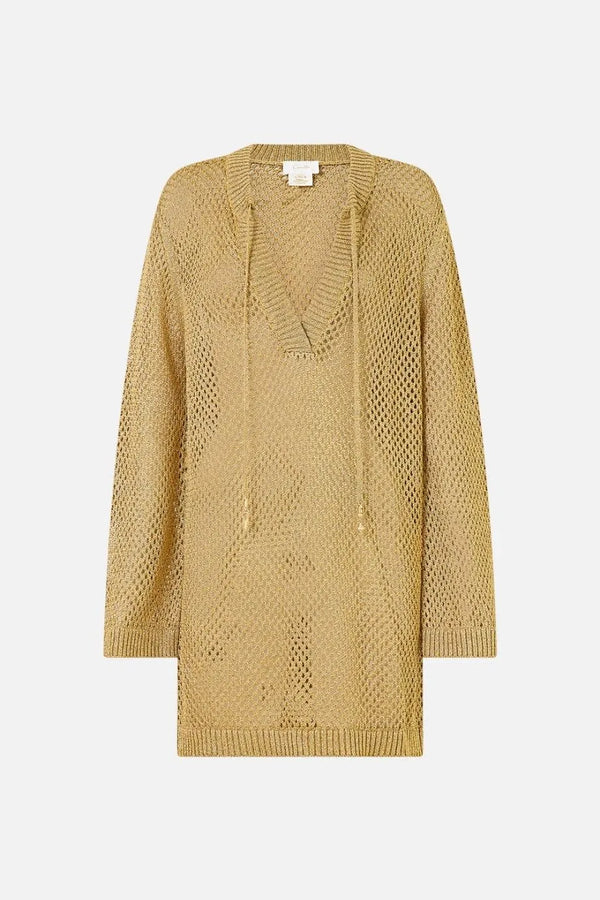 Ottoman Dynasty Knit Pointelle Tunic Top in Beige