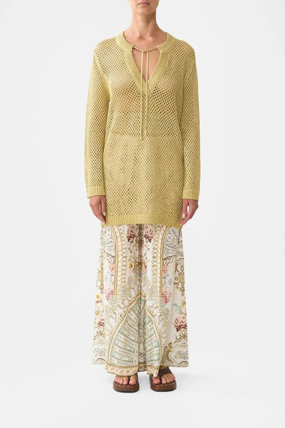 Ottoman Dynasty Knit Pointelle Tunic Top in Beige