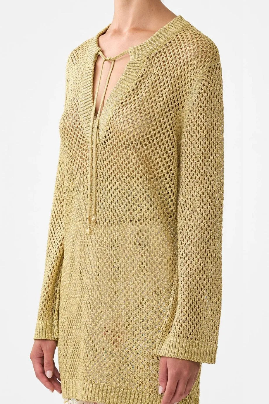 Ottoman Dynasty Knit Pointelle Tunic Top in Beige