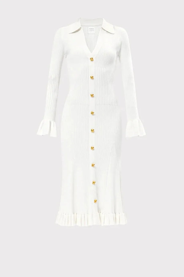 Hallie Long Sleeves V Neck Knit Midi Dress In Cream