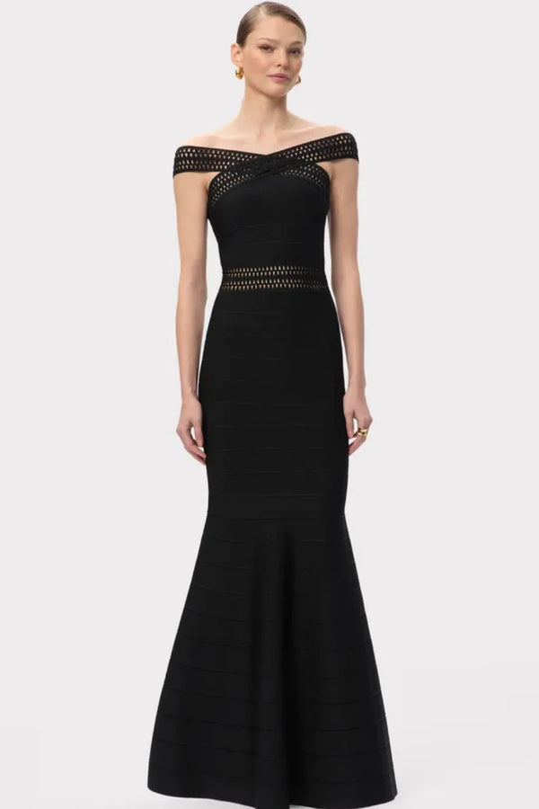 Octavia Off Shoulder Knit Bandage Maxi Dress In Black
