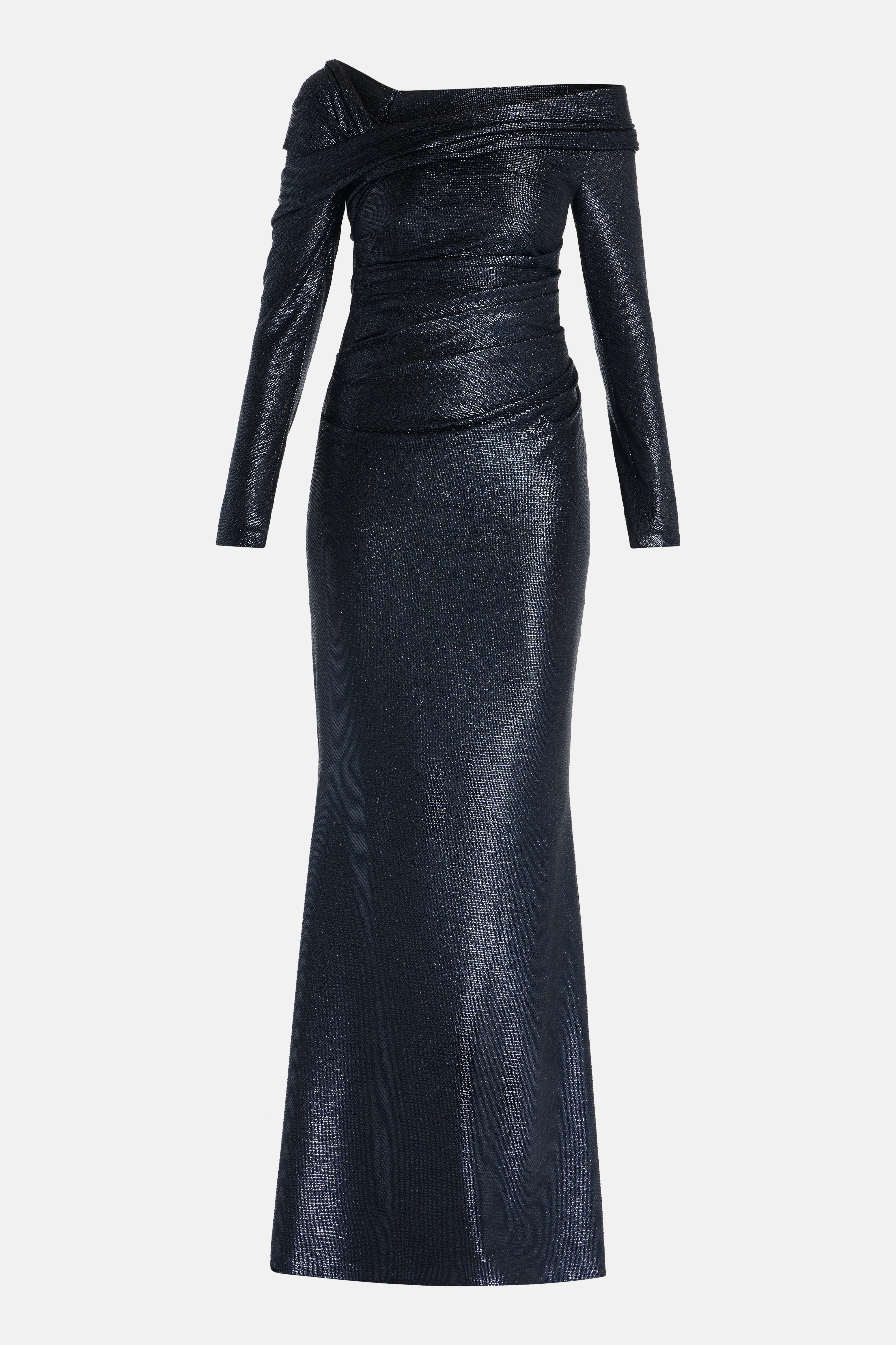 Mirrorball Shimmer Stretch Long Sleeves Evening Dress in Blue