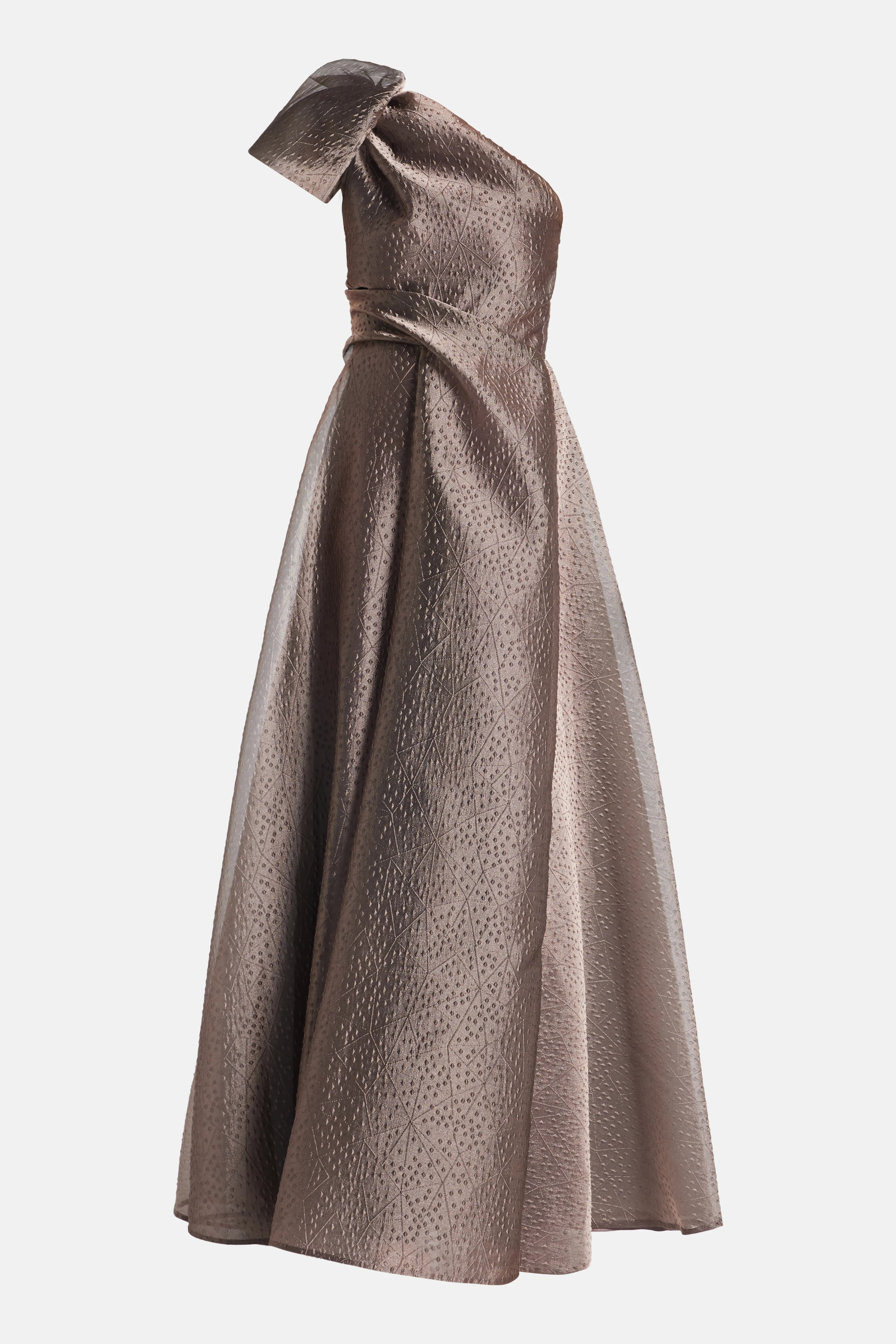Rivet Organza One Shoulder Evening Dress in Brown