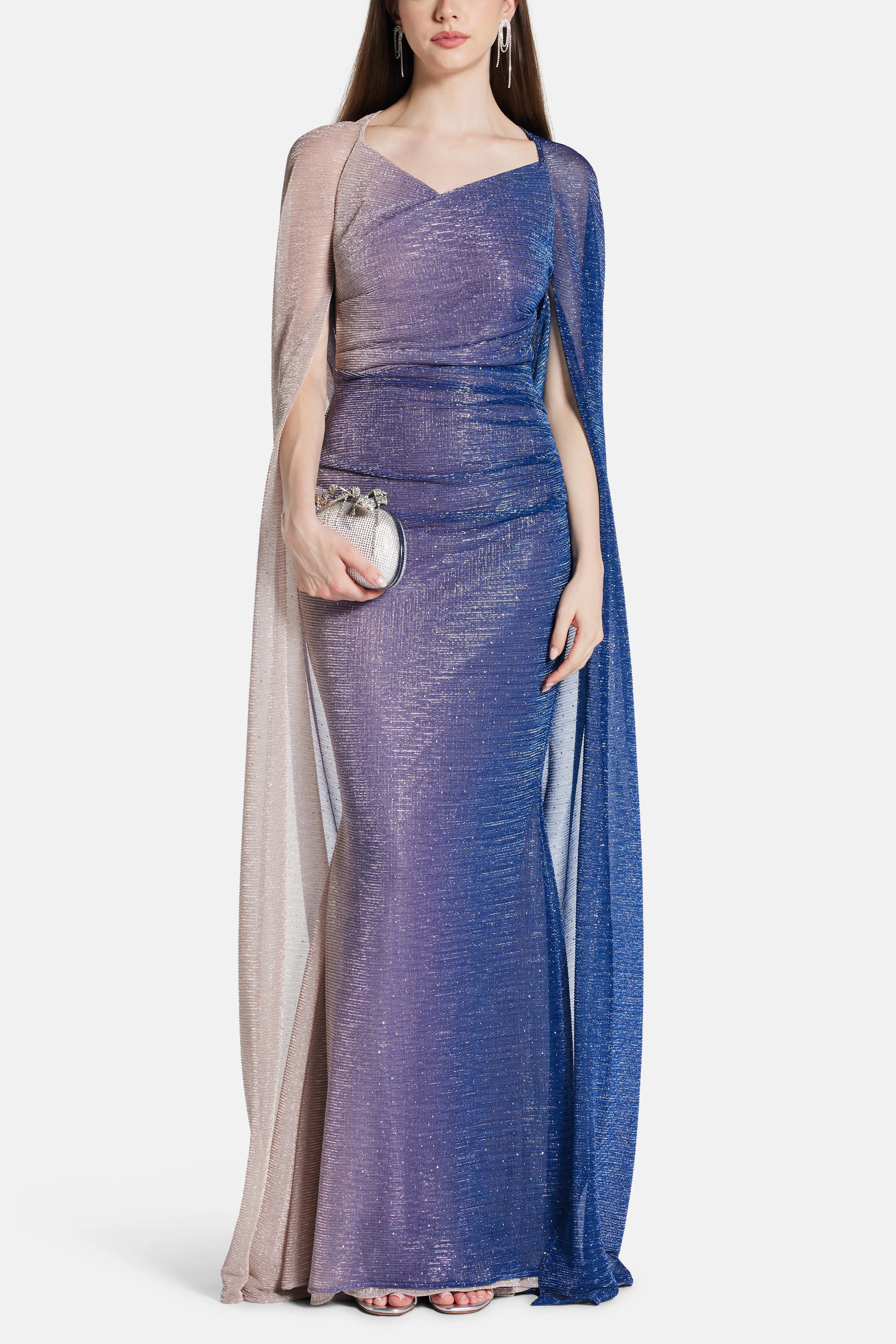Voile Degrade Ombre Cape Evening Gown in Blue and Gold