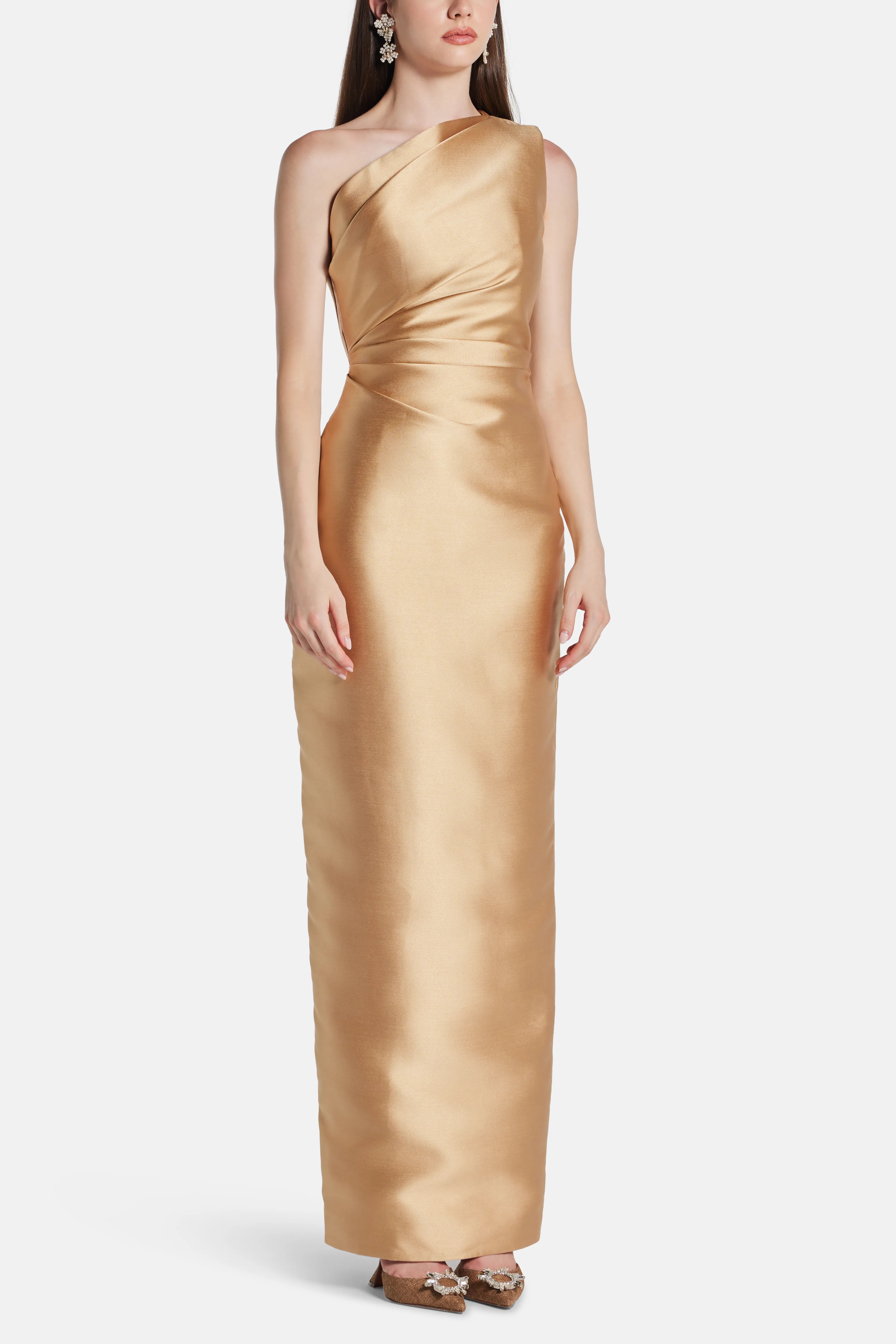 Kira One Shoulder Evening Dress in Beige