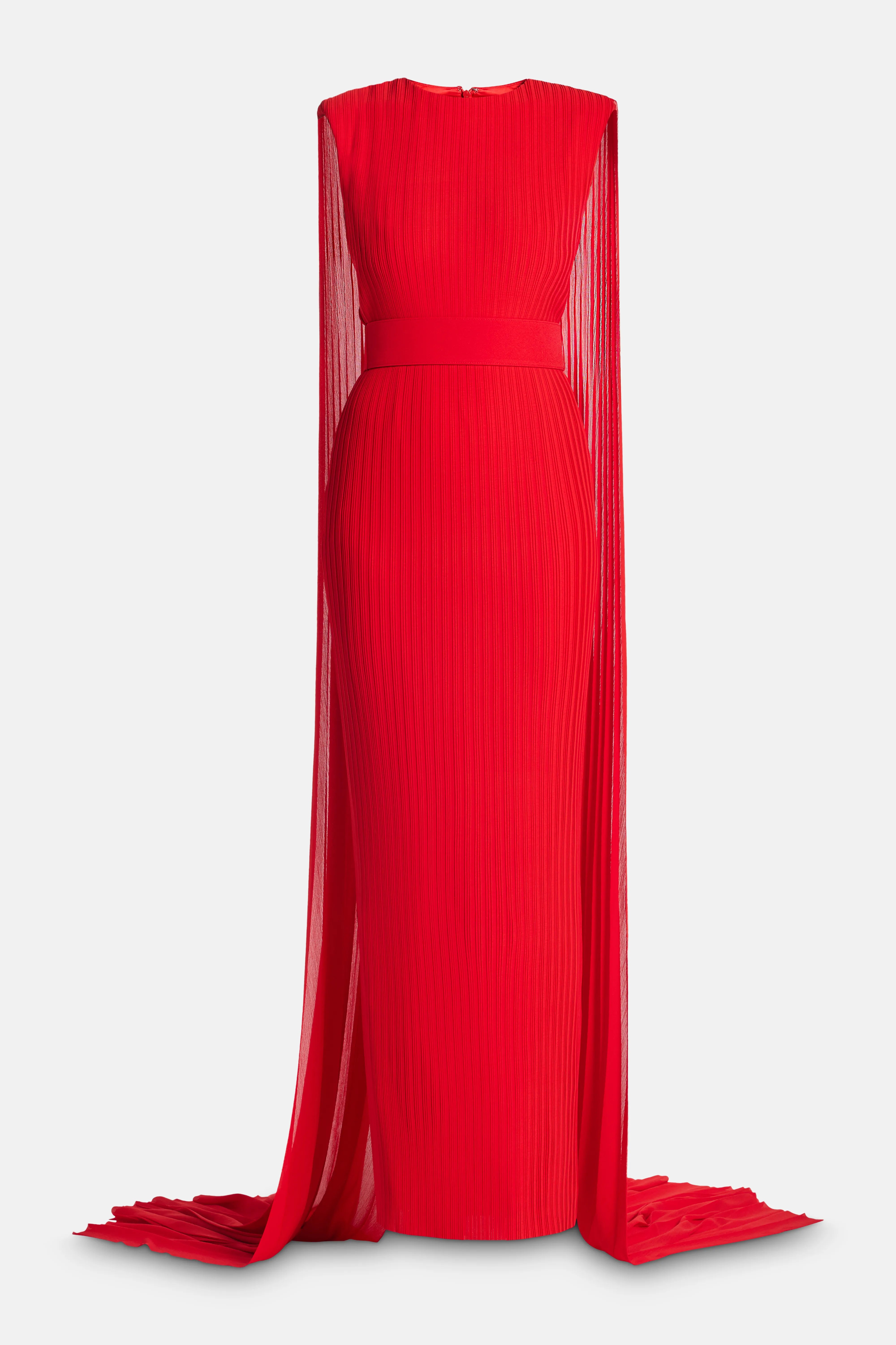 Tavia Sleeveless Cape Evening Gown in Red