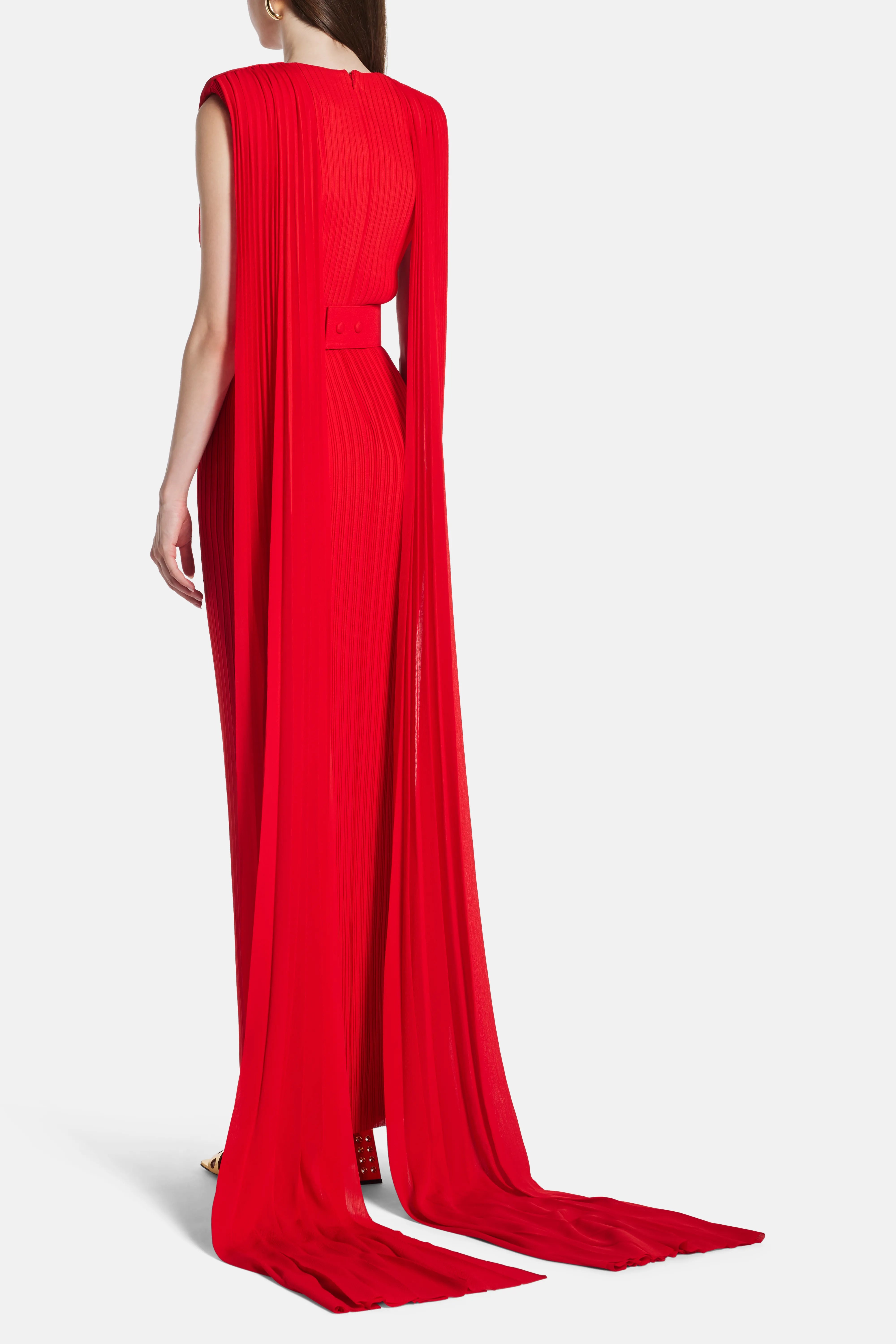 Tavia Sleeveless Cape Evening Gown in Red