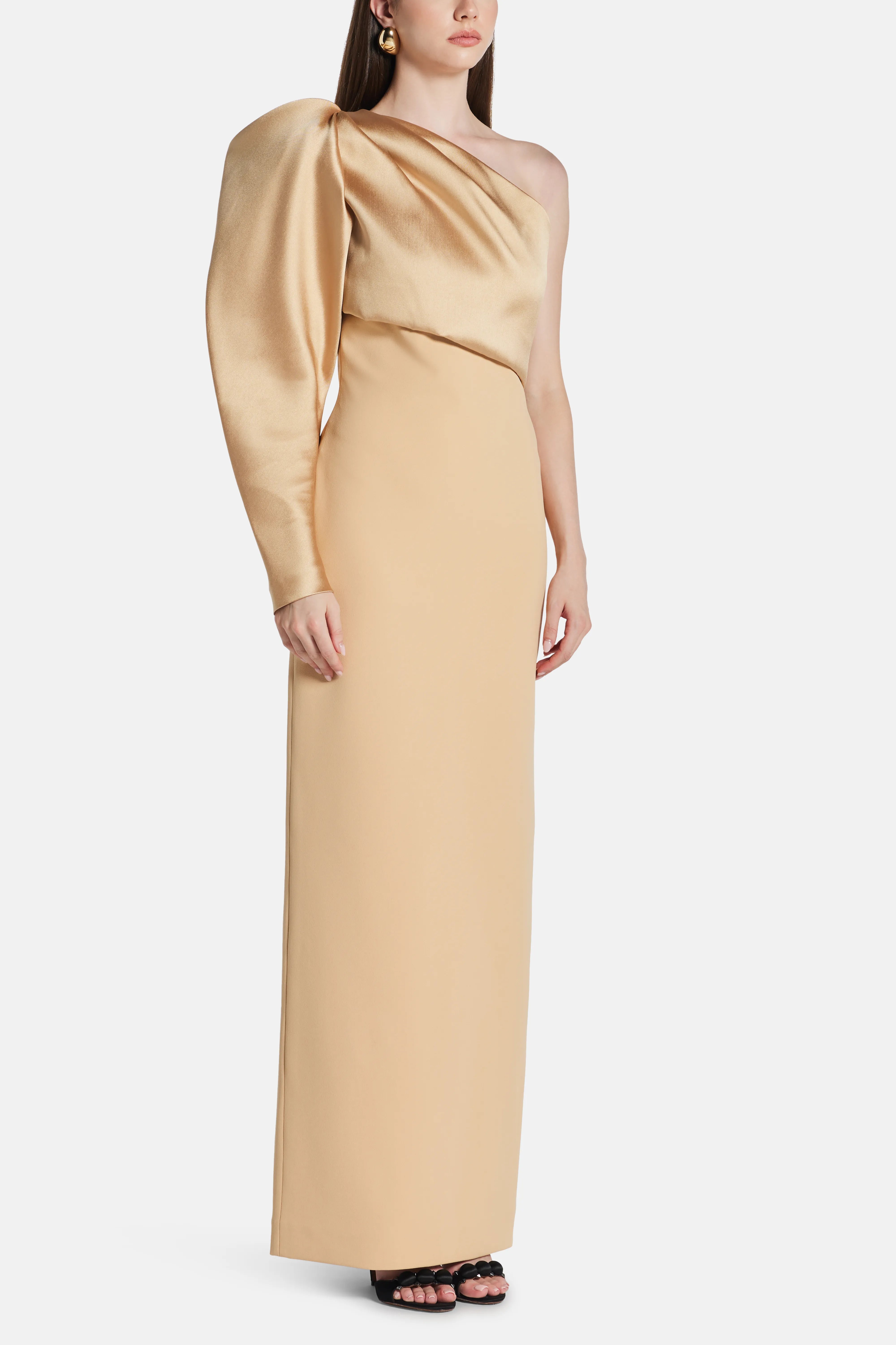 Tally One Shoulder Puff Sleeves Evening Dress in Beige