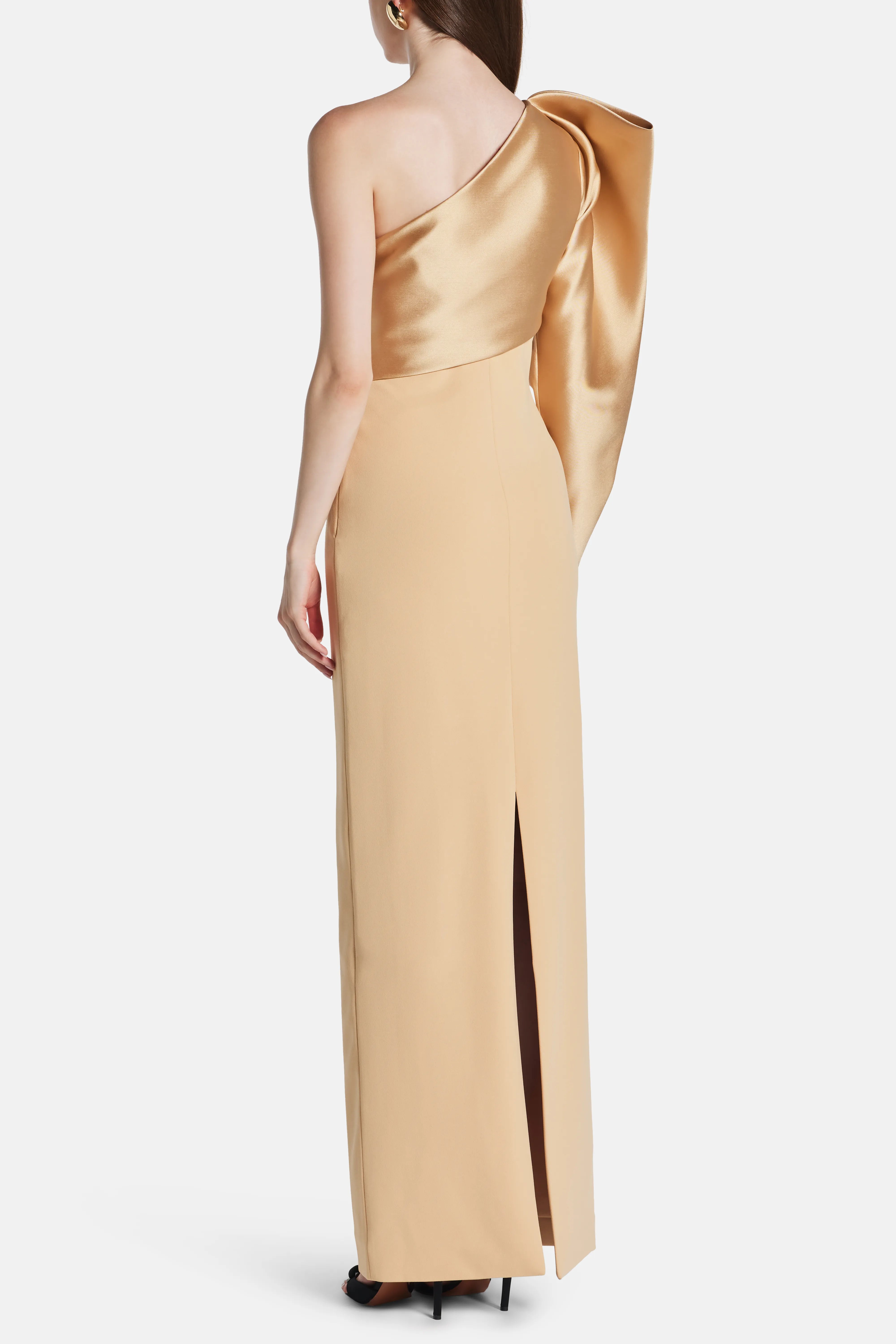 Tally One Shoulder Puff Sleeves Evening Dress in Beige