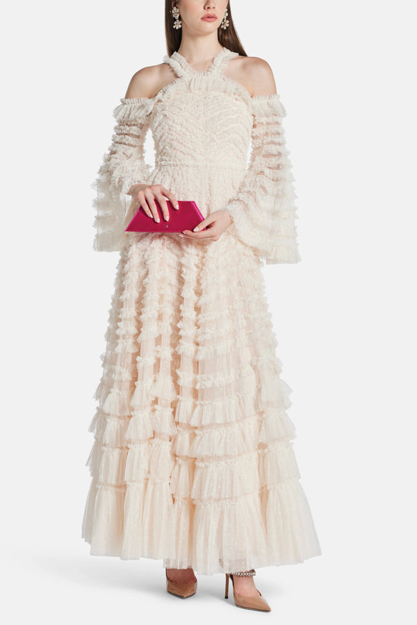 La Vie En Rose Off Shoulder Evening Dress in Cream