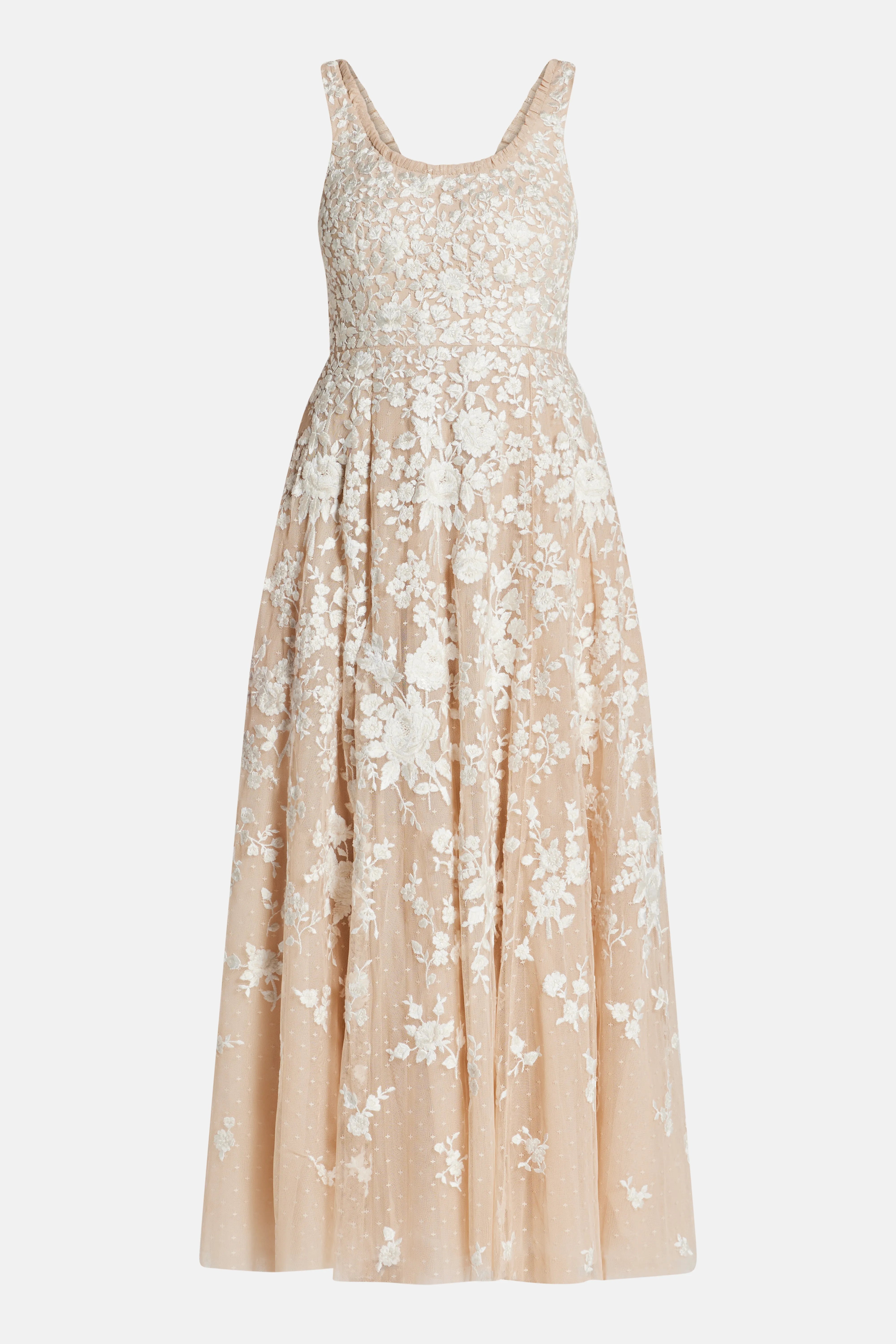 Rosa Scoop Neck Floral Sleeveless Evening Dress in Beige