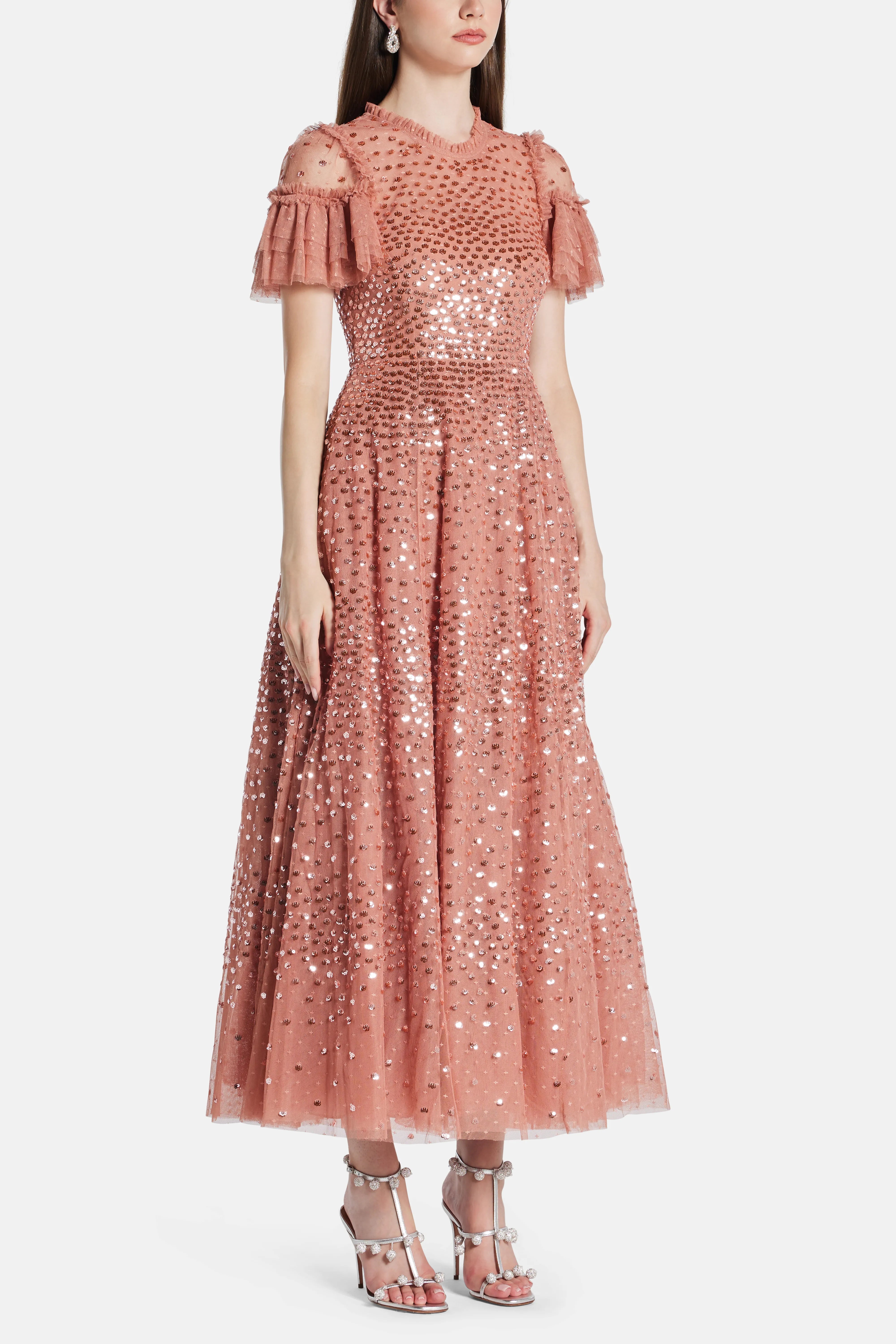 Scatter Dot Round Neck Short Sleeves Evening Dress in Pink