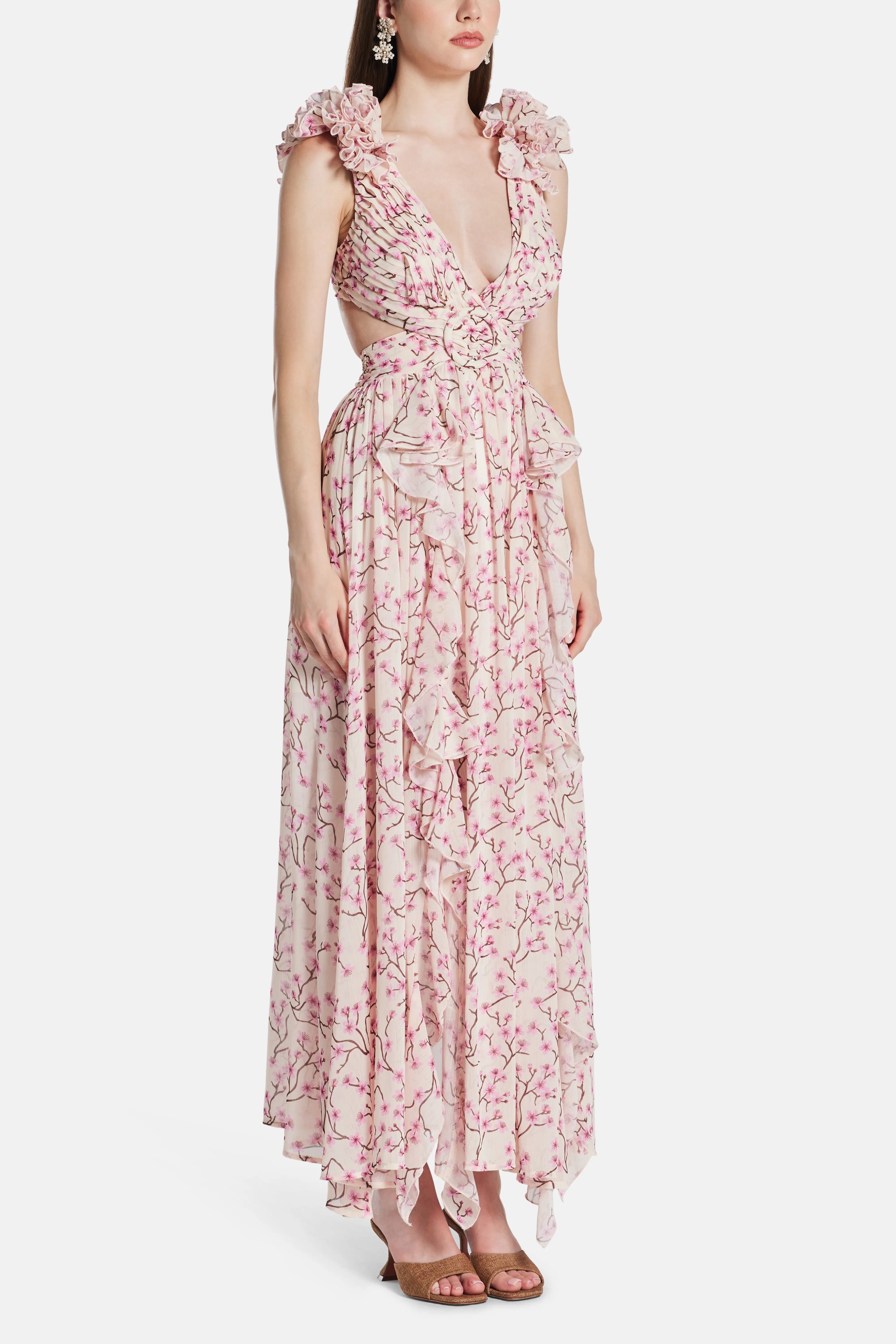 Cassini Flutter Sleeve Cut Out Lace Back Maxi Dress in Pink