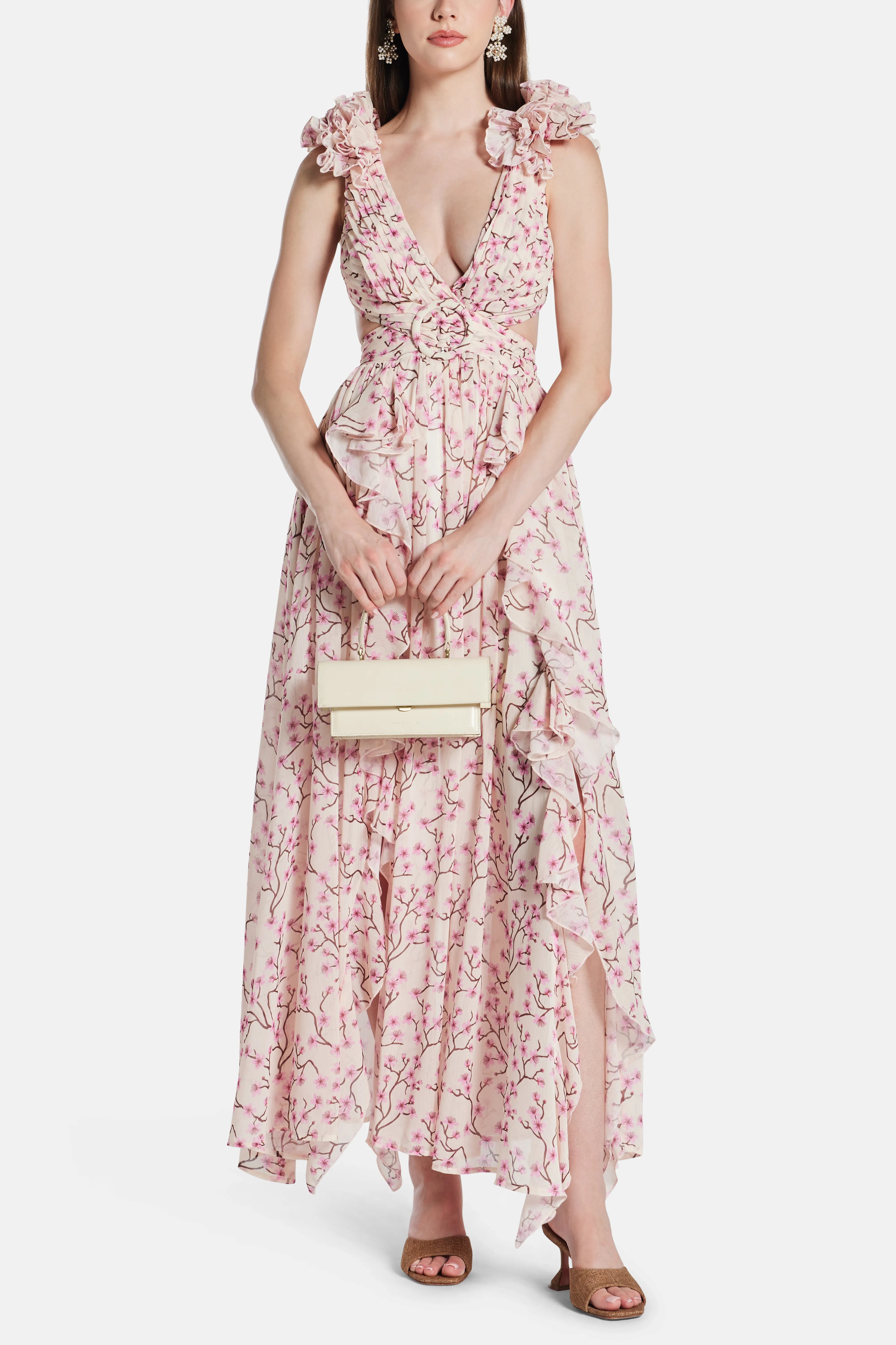 Cassini Flutter Sleeve Cut Out Lace Back Maxi Dress in Pink