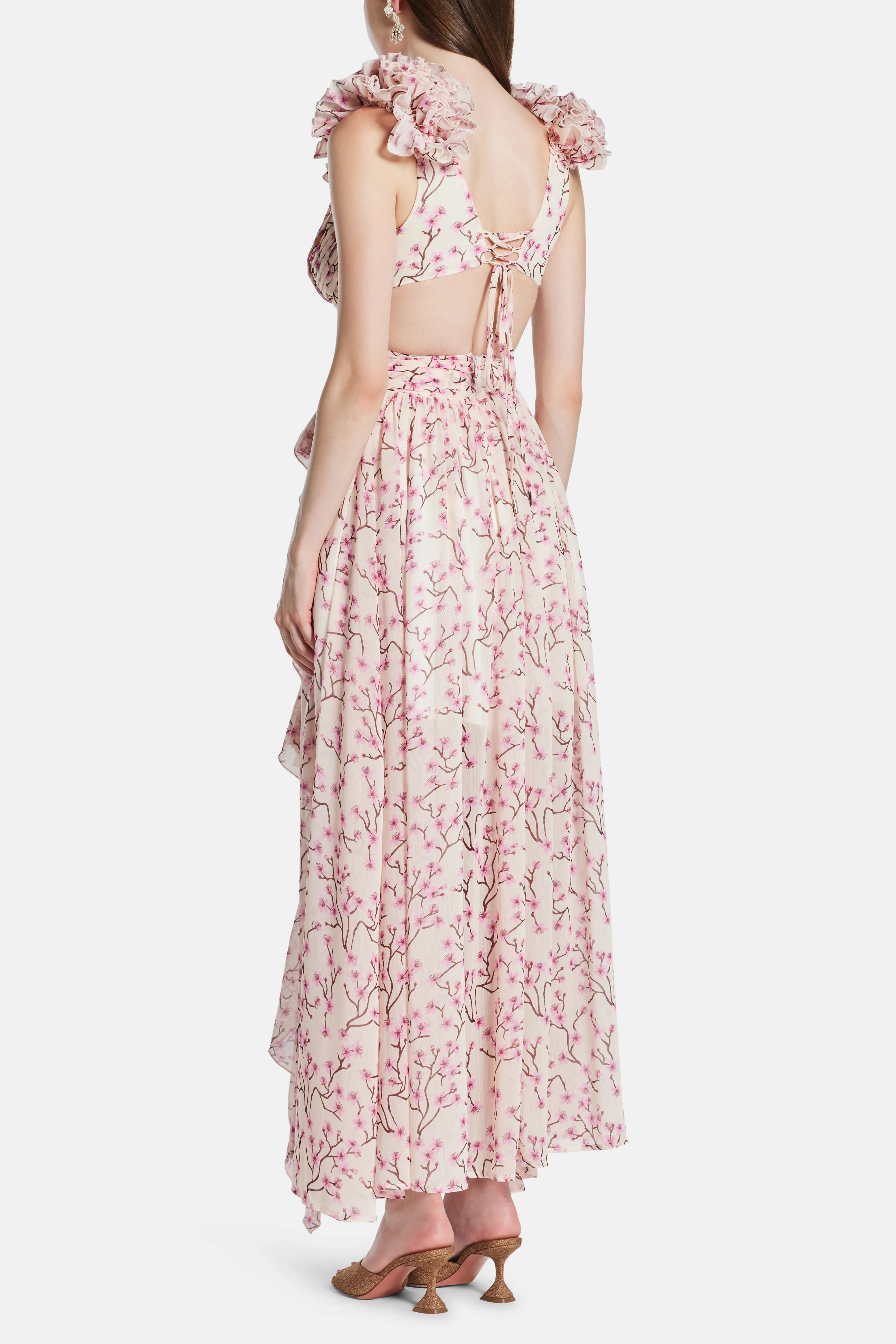 Cassini Flutter Sleeve Cut Out Lace Back Maxi Dress in Pink