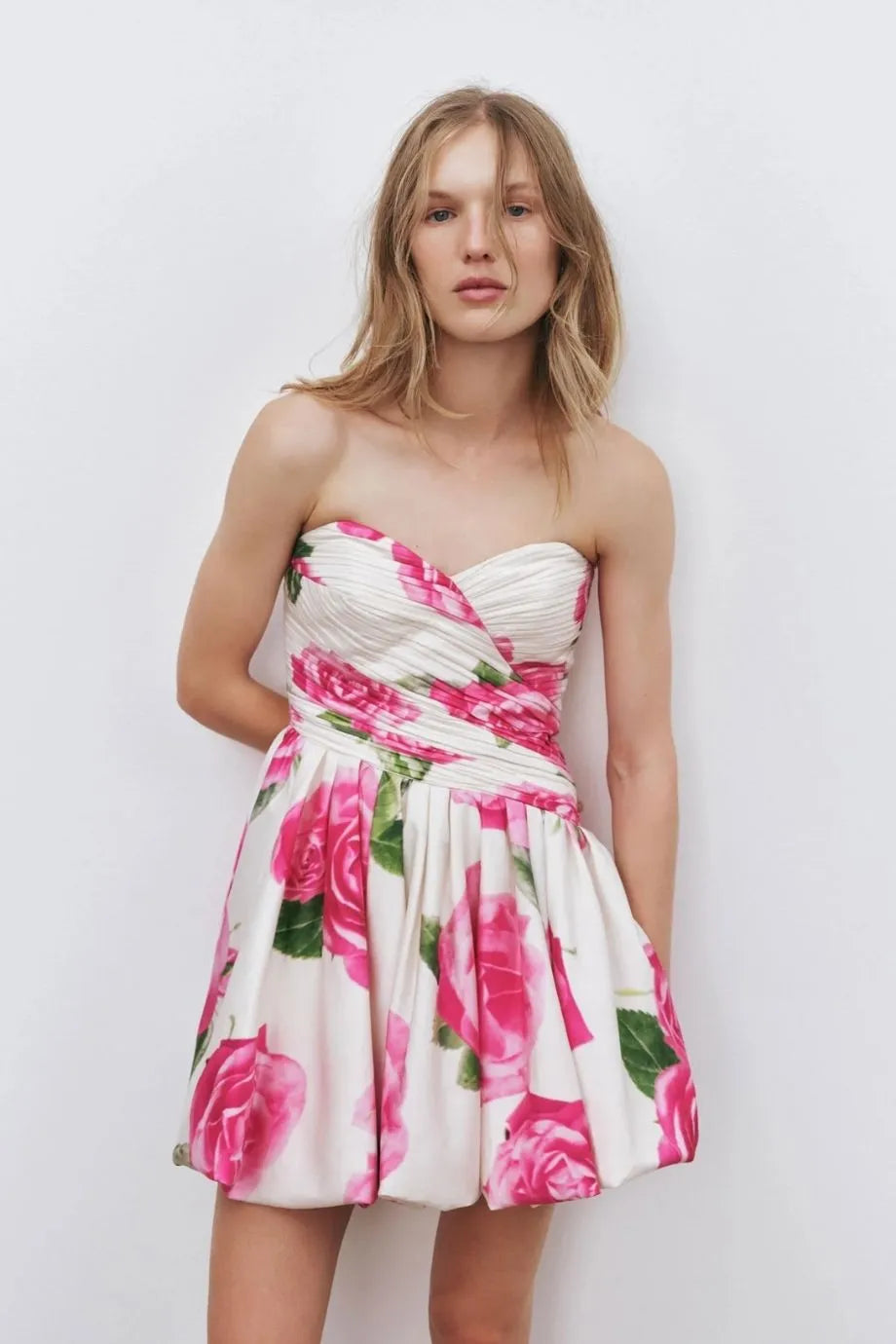 Olea Floral Bubble Hem Cotton Mini Dress in Pink