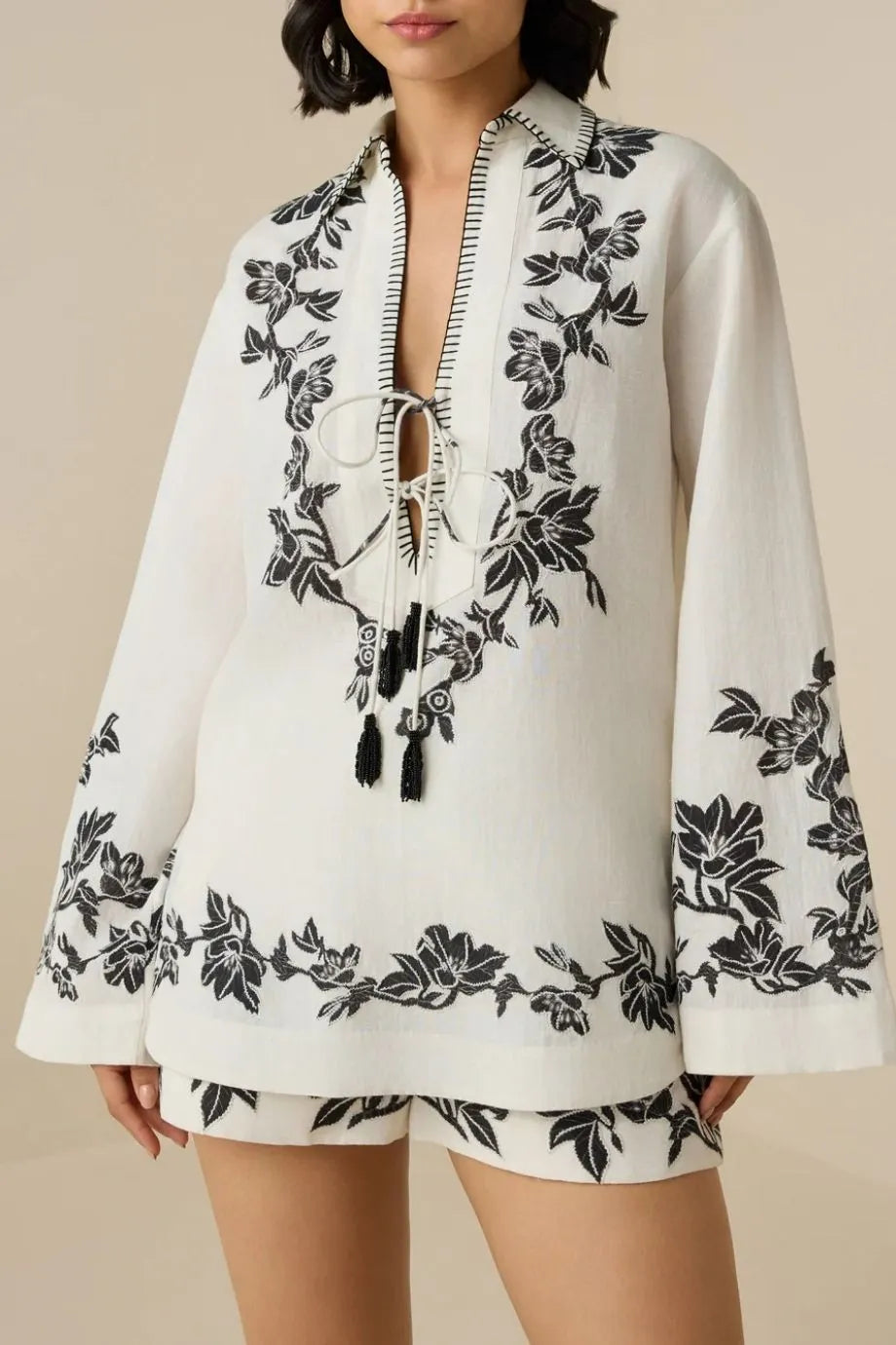Aahi Floral Long Sleeves Linen Blouse in White