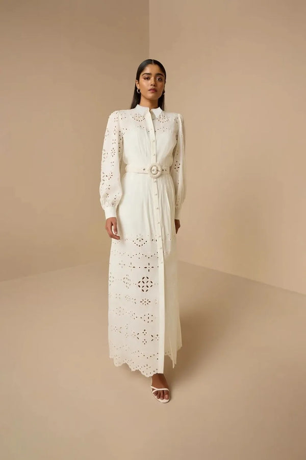 Adya Long Sleeves Belted Cotton Shirt Maxi Dress in White