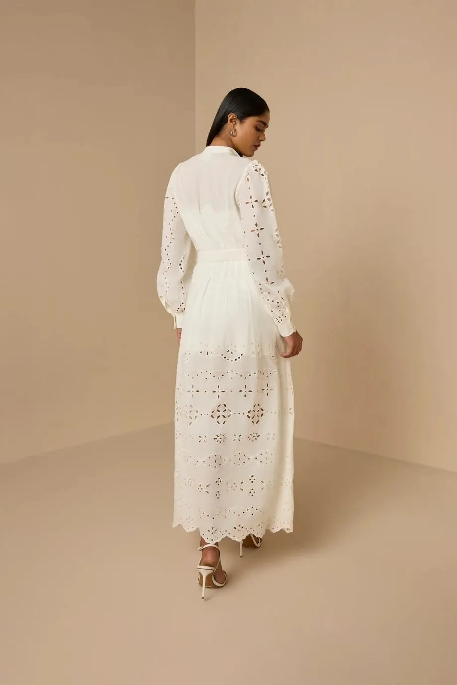 Adya Long Sleeves Belted Cotton Shirt Maxi Dress in White