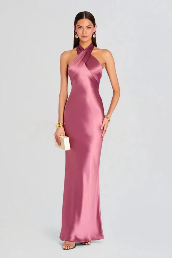 Wrenley Halter Neck Satin Evening Dress in Pink