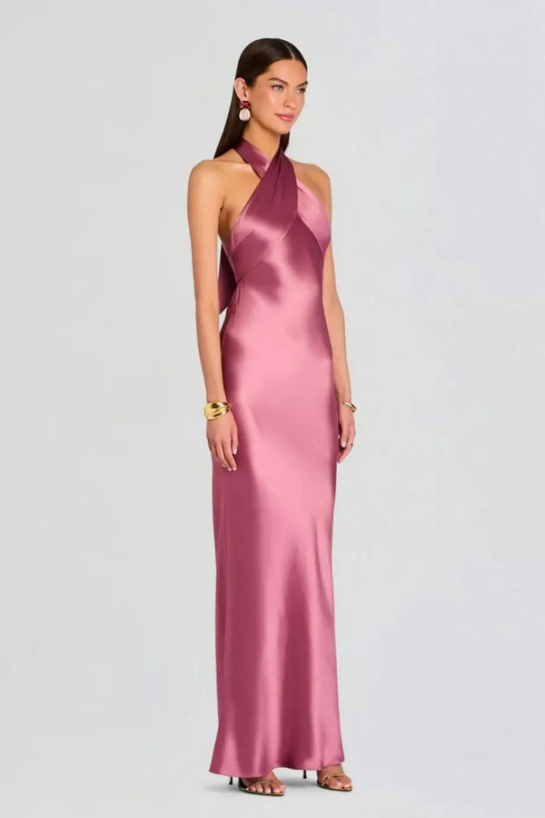 Wrenley Halter Neck Satin Evening Dress in Pink