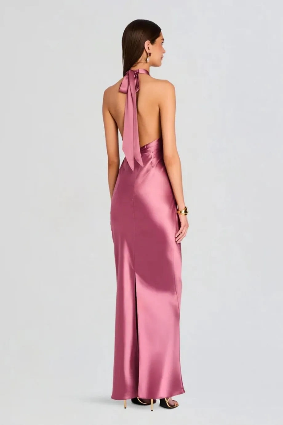 Wrenley Halter Neck Satin Evening Dress in Pink