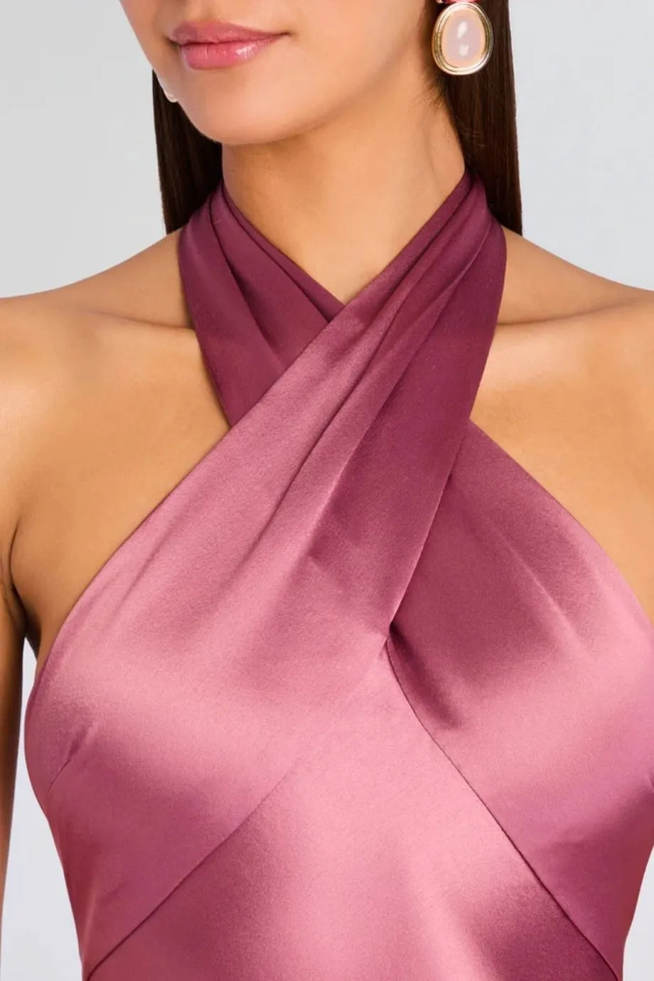 Wrenley Halter Neck Satin Evening Dress in Pink
