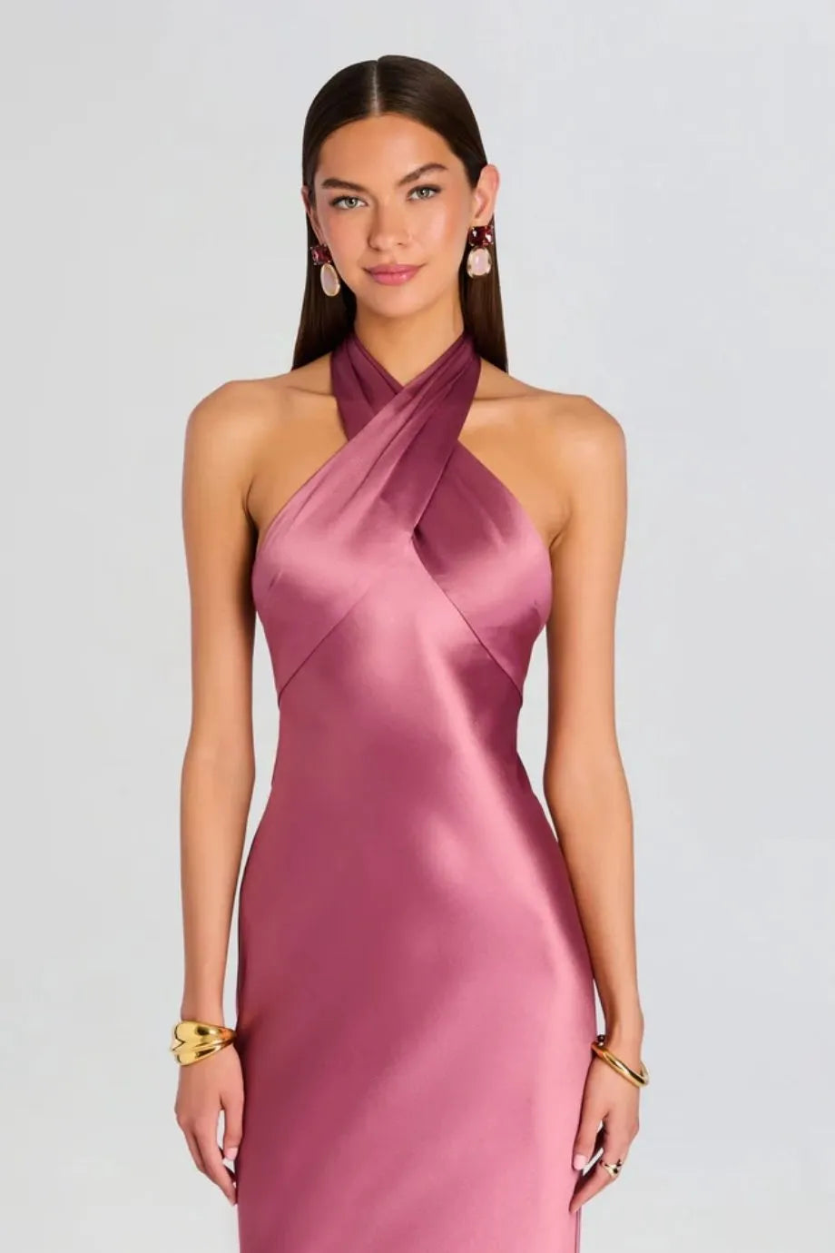 Wrenley Halter Neck Satin Evening Dress in Pink